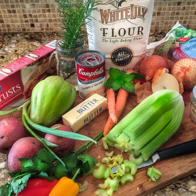 Shrimp and Mirliton Pot Pie ingredients The Shrimp and Mirliton Pot Pie ingredient list is as simple as the recipe.