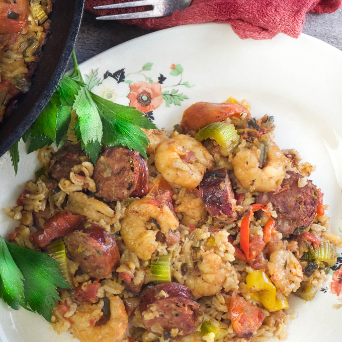 Smoked Deer Sausage and Shrimp Jambalaya plate Bold flavors of venison and pork combine with bright flavors of briny Gulf shrimp and tomatoes in this tasty one-pot dinner.
