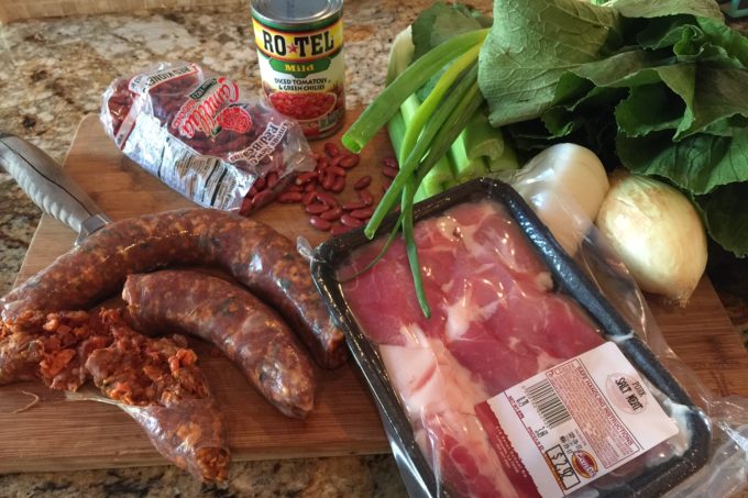 Red Bean, Mustard Green, and Green Onion Sausage Soup ingredients Traditional ingredients combine for a tasty Red Bean, Mustard Green, and Green Onion Sausage Soup.