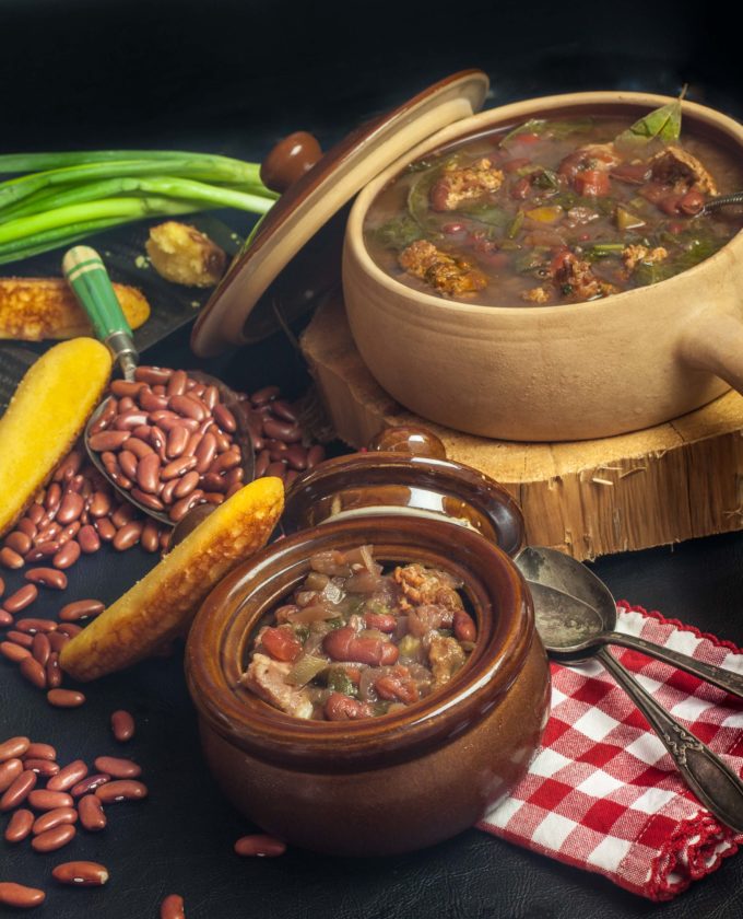 Red Bean, Mustard Green, and Green Onion Sausage Soup close up Red Bean, Mustard Green, and Green Onion Sausage Soup is the perfect dinner on a cold winter's night.