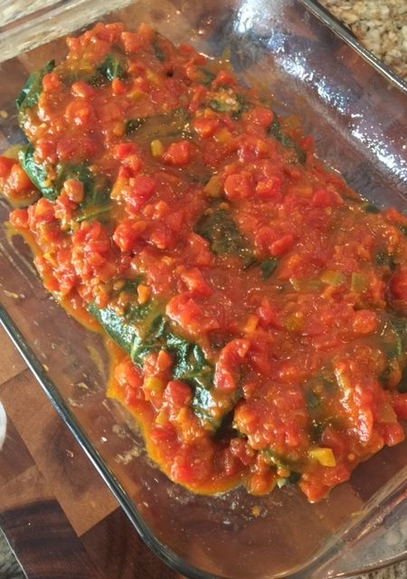 Stuffed Collard Rolls--sauced and ready for the oven.