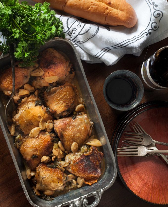 As at home on a Provencal farmhouse table as on your Acadiana table, it's Chicken with 40 Cloves of Garlic.