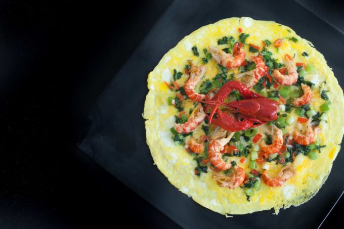 Crawfish Omelette overhead With my Crawfish Omelette, I like the visual presentation served open face.