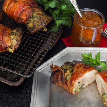 Bacon-Wrapped Chicken Thigh Stuffed with Spinach and Artichoke with a Pepper Jelly Glaze