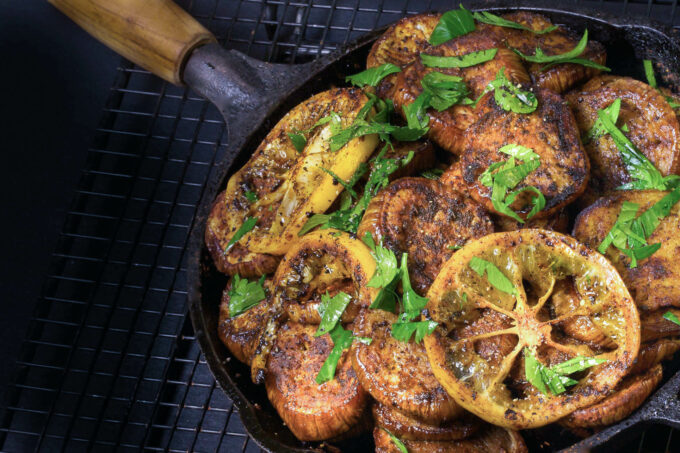 Spicy griddled eggplant with a tangy Meyer lemon parsley vinaigrette is a delicious and easy Cajun recipe. (All photos credit: George Graham)
