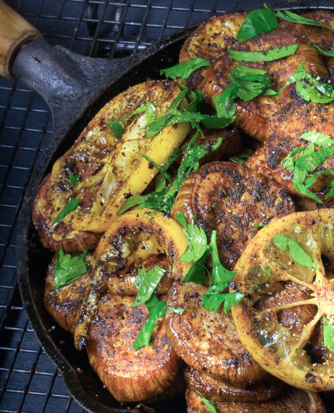 Cajun meets Indian in this spicy griddled eggplant skillet dish.