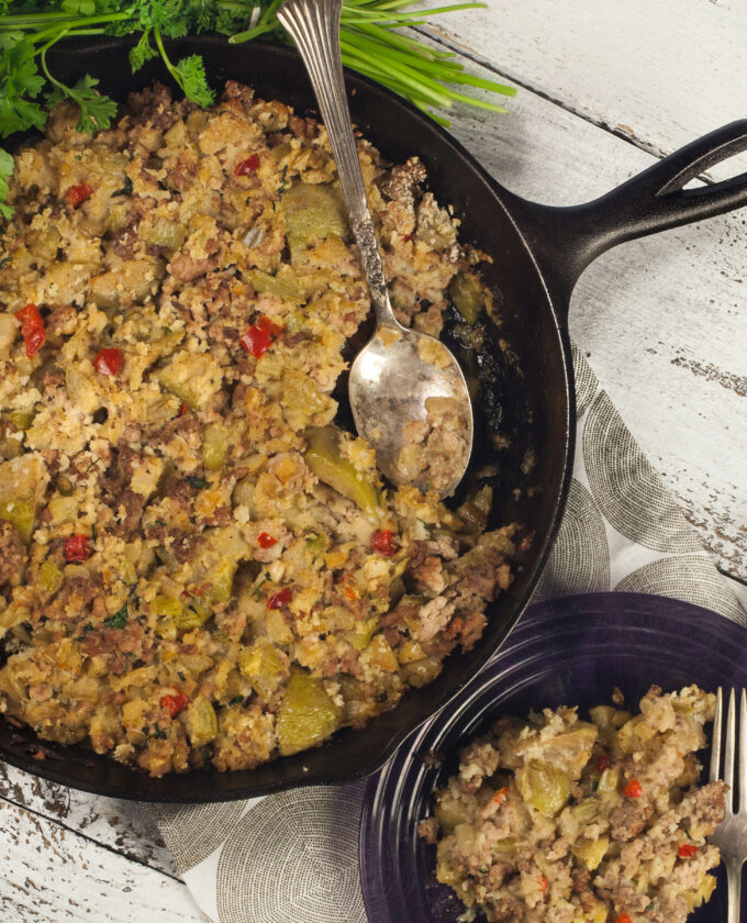 This tasty one-pot dressing is a tasty entrée or buffet side dish.